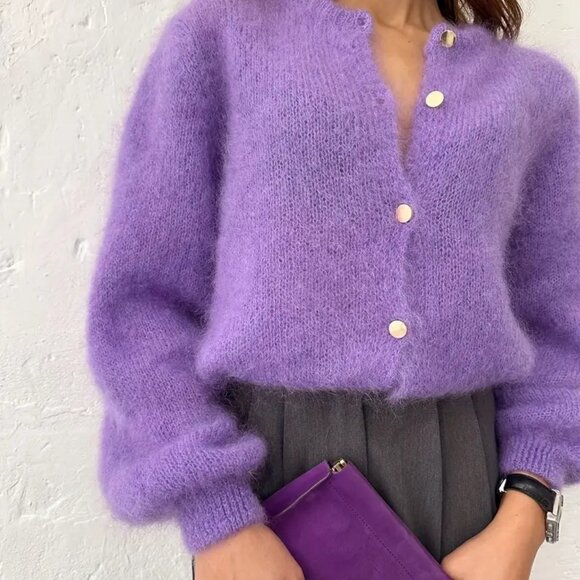 Purple Reversible Lightweight Cardigan Pullower Sweater Wool Blend - Picture 5 of 5